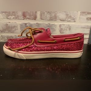 NEW Sperry Topsider Bahama Raspberry Pink Sparkle Glitter Slip On Boat Shoes 8.5